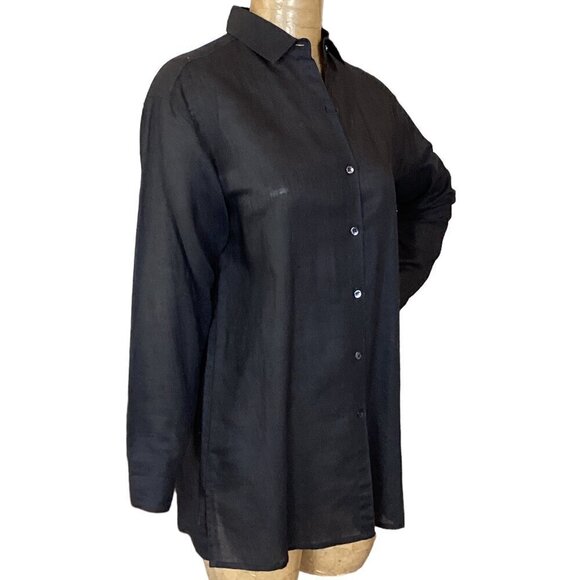 FWM Studio Ramie Cotton Button Up Tunic Shirt Top/Swim Cover-up M Black 103S - Picture 3 of 6